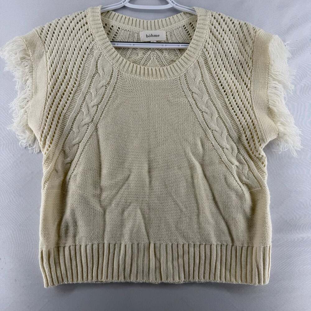 1385 Böhme Cream Open Knit Cable Fringe Shoulder Short Sleeve Sweater Vest